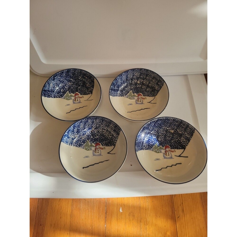 4 Thomson Pottery Snowman Soup Cereal Bowls Christmas Holiday Winter  Spongeware